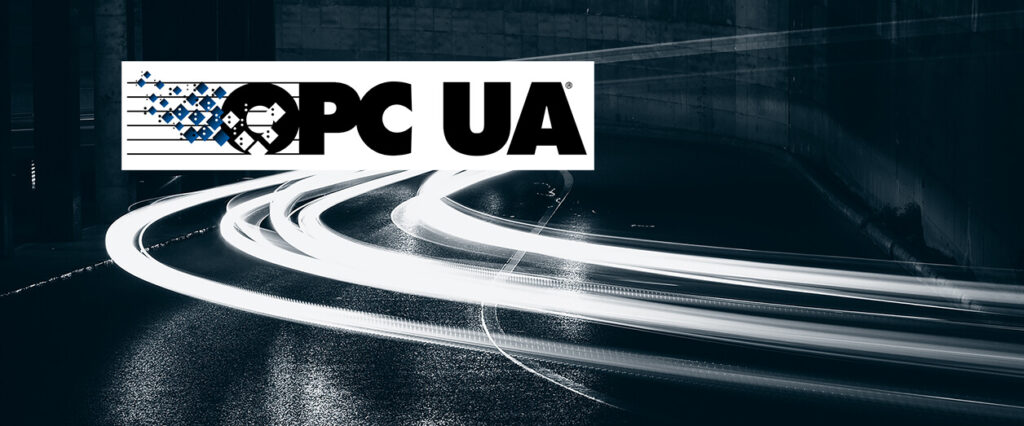 Lysstriper illustrerer dataoverføring. OPC UA logo