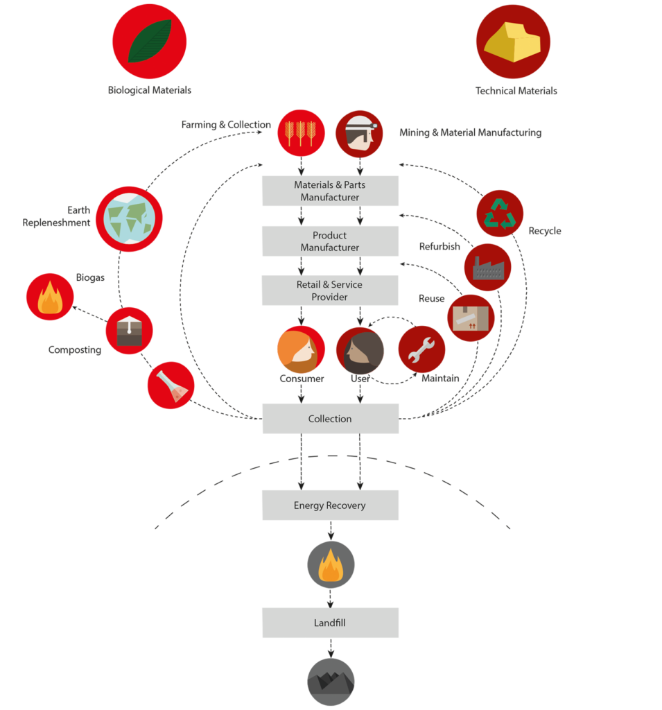 Infografikk som viser "livssyklusen" til materialer som følger sirkulær økonomi